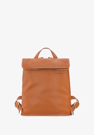 Brown leather backpack with a textured surface, fold-over flap, gold zipper, and adjustable straps. Features a logo on the front.