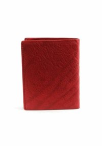 Red leather wallet with a textured surface, featuring a bi-fold design and visible stitching along the edges. Compact and rectangular shape.
