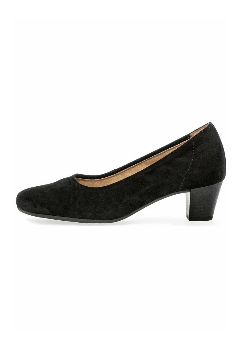Black suede pump with a rounded toe and a low, block heel. Features a smooth finish and a beige interior lining.