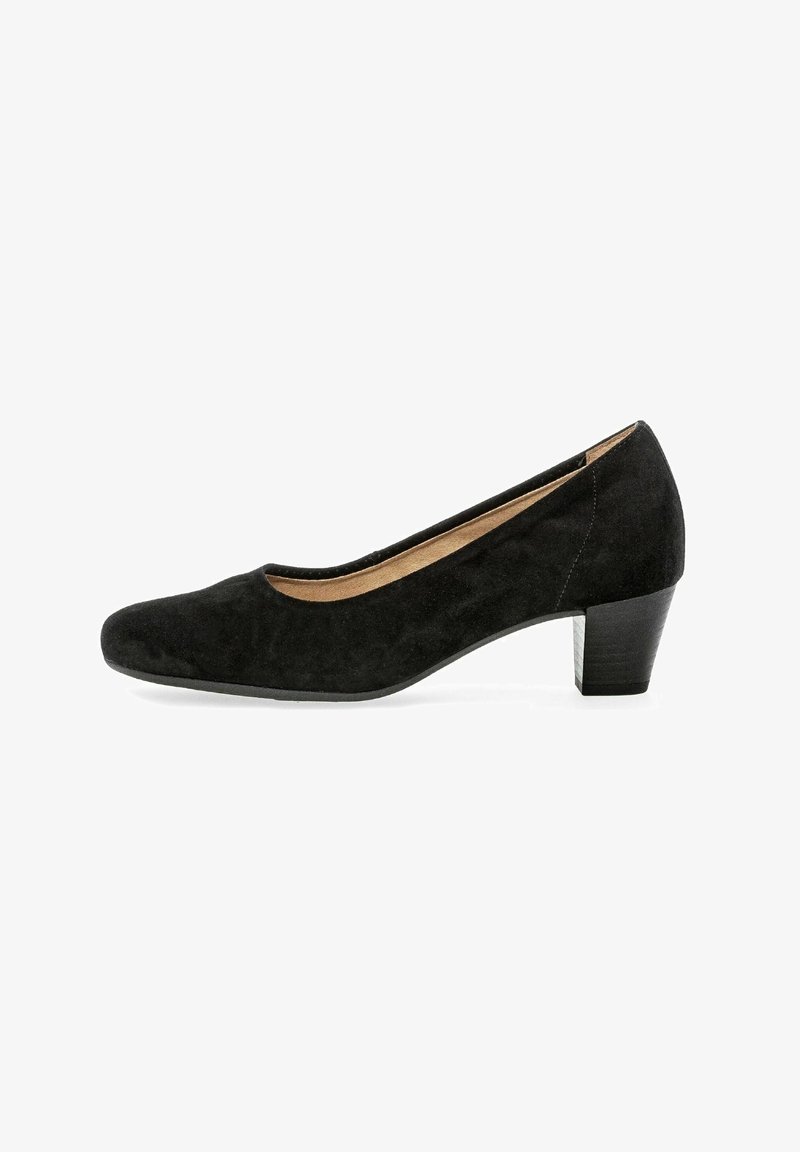 Black suede pump with a rounded toe and a low, block heel. Features a smooth finish and a beige interior lining.