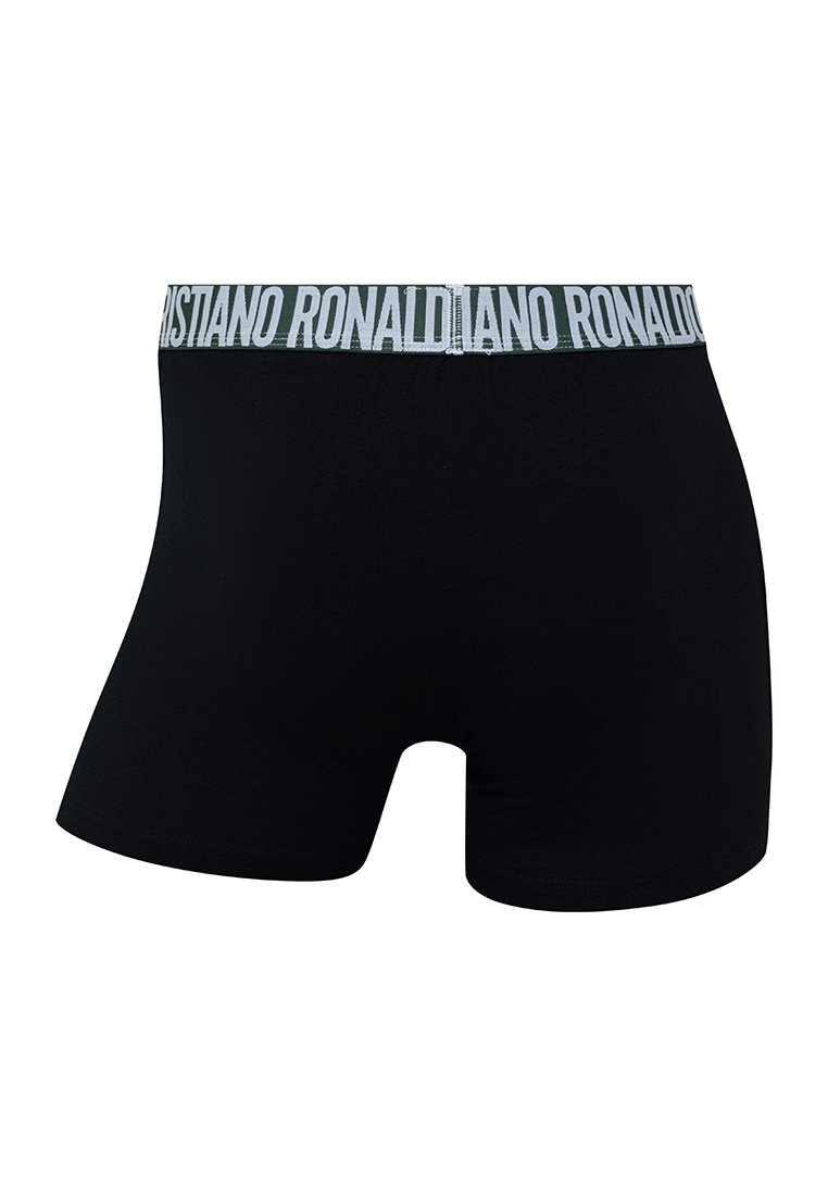 Boxers negros de algodón con un ajuste ceñido, que presentan una cinturilla ancha con "Cristiano Ronaldo" en texto blanco.