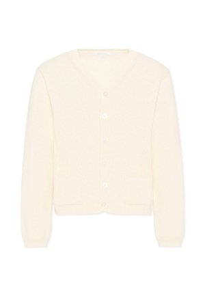 Cardigan lavorato a maglia color avorio con maniche lunghe, scollo a V, chiusura frontale con bottoni e due tasche anteriori piccole.