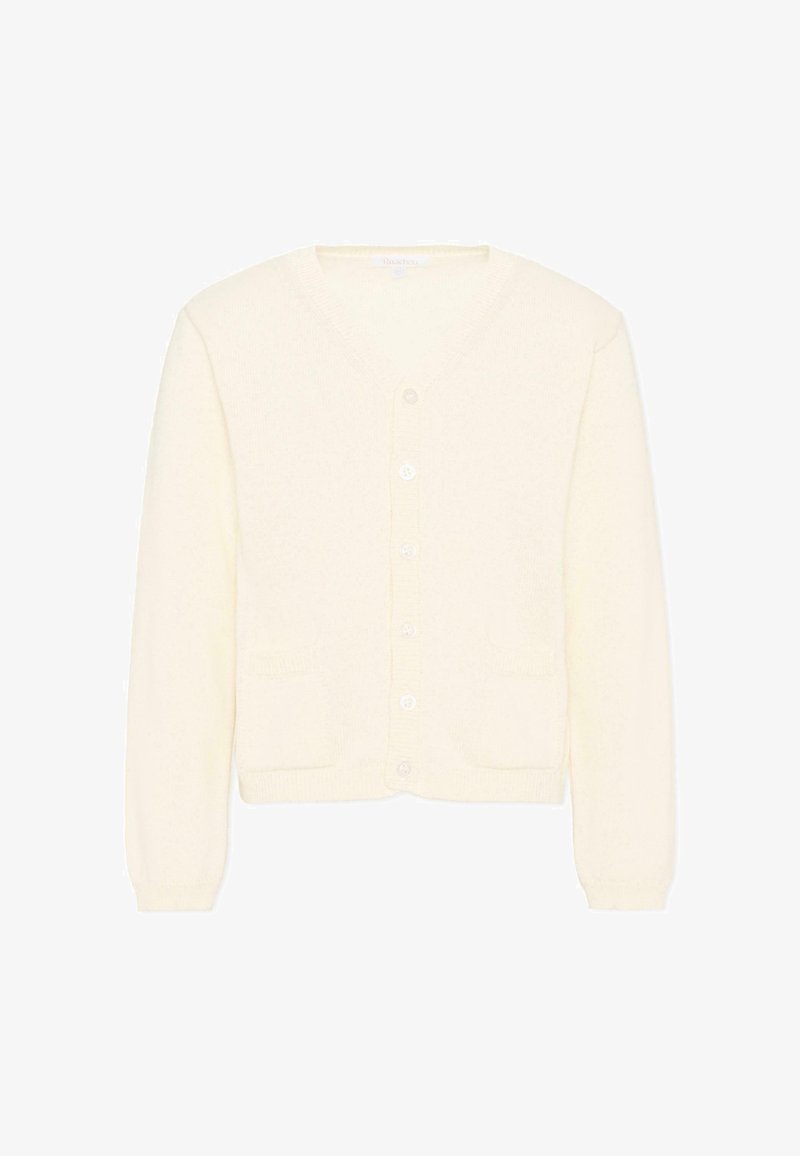 Gebreid gebroken-witte vest met lange mouwen, V-hals, knoopsluiting aan de voorkant en twee kleine steekzakken aan de voorkant.