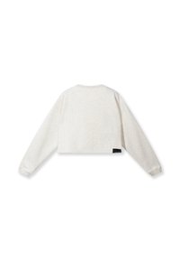 Gekürzter, hellgrauer Pullover mit langen Ärmeln, Rundhalsausschnitt und einem strukturierten Stoff. Verfügt über ein schwarzes Etikett auf der linken Seite.
