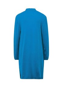 Knie-langes, langärmeliges Kleid in leuchtendem Blau, mit rundem Ausschnitt und seitlichen Schlitzen, gefertigt aus weichem, strukturiertem Stoff.