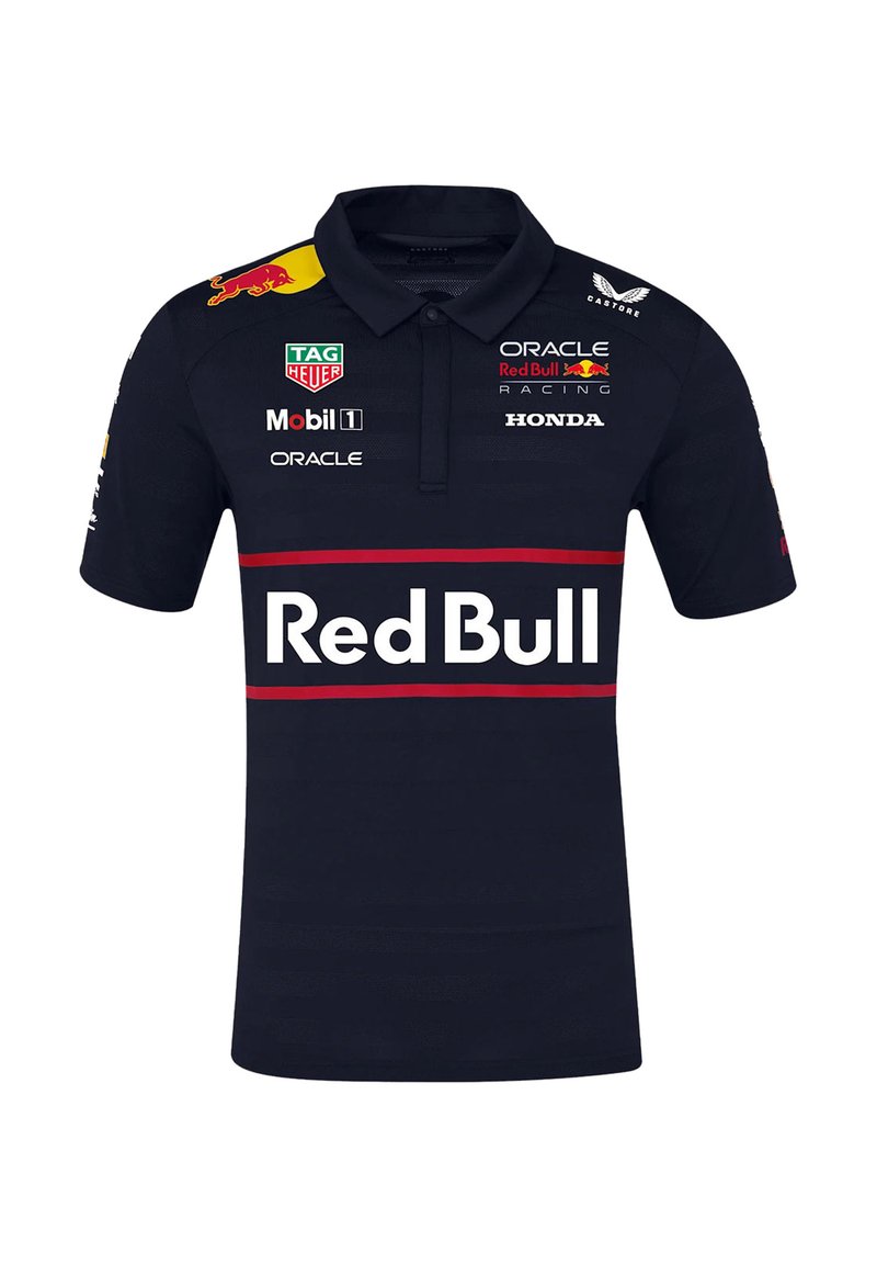Ciemnoniebieska koszulka polo z kołnierzykiem, z czerwoną paskiem i logo "Red Bull". Logo marki nadrukowane na klatce piersiowej i rękawach. Krótkie rękawy.