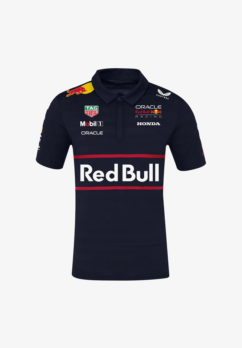 Ciemnoniebieska koszulka polo z kołnierzykiem, z czerwoną paskiem i logo "Red Bull". Logo marki nadrukowane na klatce piersiowej i rękawach. Krótkie rękawy.