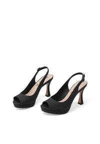 Décolleté neri con cinturino alla caviglia, design con punta aperta, tessuto texturizzato, suola con piattaforma e tacco sottile, dotati di chiusura con fibbia sul cinturino.