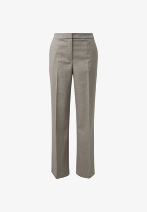 Hellgraue, strukturierte Hose mit geradem Bein und glattem Bund, die minimale Nähte und keine sichtbaren Beschläge aufweist.