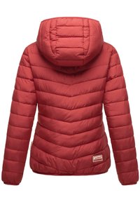 Red puffer jacket with a hood, featuring a quilted design in horizontal and vertical stripes, finished with a small brand label at the hem.