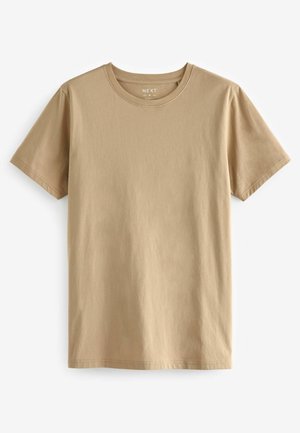 T-shirt beige à manches courtes et col rond, coupe slim, présenté sur fond blanc.