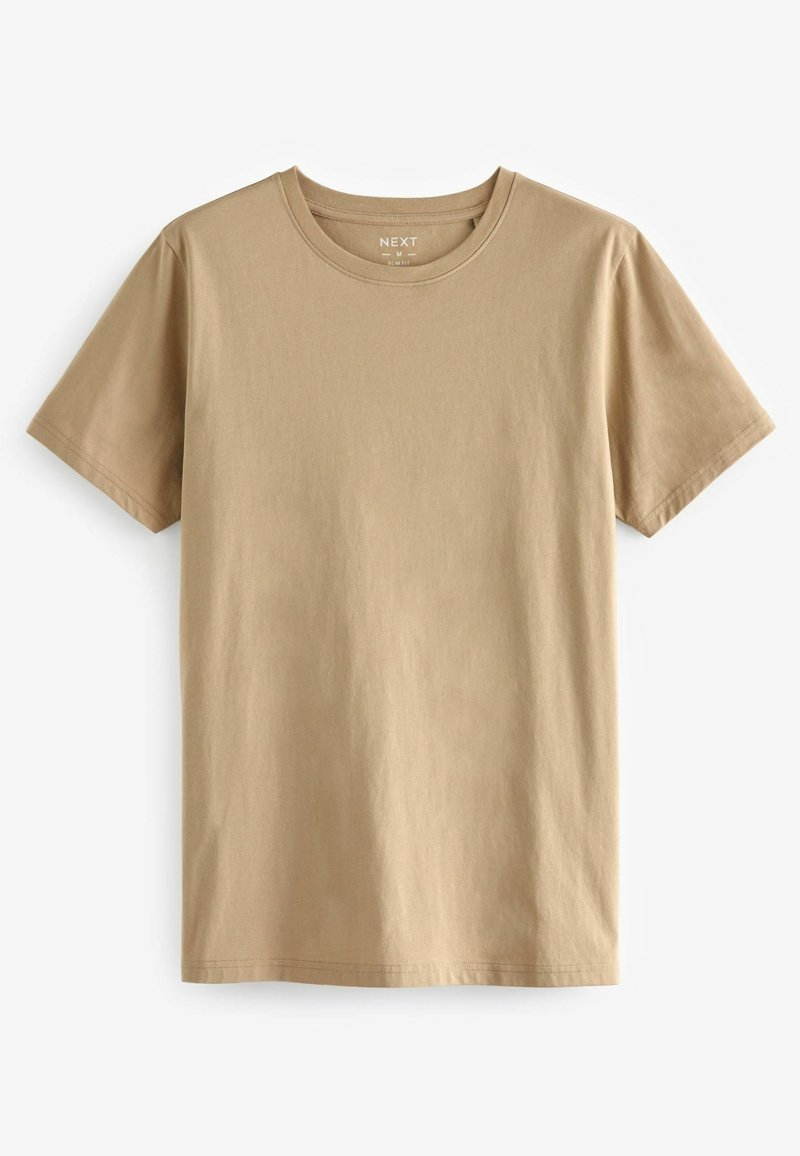 T-shirt beige à manches courtes et col rond, coupe slim, présenté sur fond blanc.