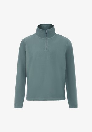 Pullover grigio in pile con colletto alto e chiusura a mezza zip. Presenta maniche lunghe e una finitura morbida e texturizzata.