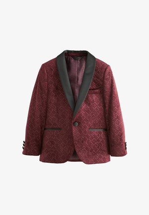 Sacou din catifea bordo cu rever din satin negru, model geometric texturat, închidere cu un singur nasture și buzunare frontale tip slit.