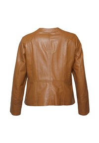 Braune Lederjacke mit langenärmeln, tailliertem Schnitt und sichtbaren Nahtdetails auf dem Rücken. Keine metallischen Akzente vorhanden.