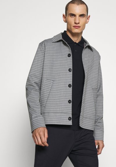 Gray checkered jacket with a collared neck, front button closure, and side pockets. The fabric has a smooth texture and structured fit.