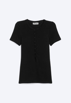 Chemise noire à manches courtes avec col rond et fermeture boutonnée devant, étiquetée « Weekday », présentée sur un fond blanc uni.