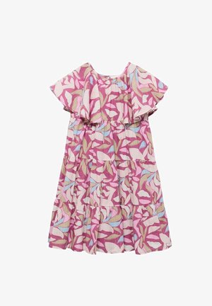 Abito floreale rosa con maniche a volant, design a livelli e una combinazione di motivi a foglia in blu chiaro, verde e bianco su tessuto testurizzato.