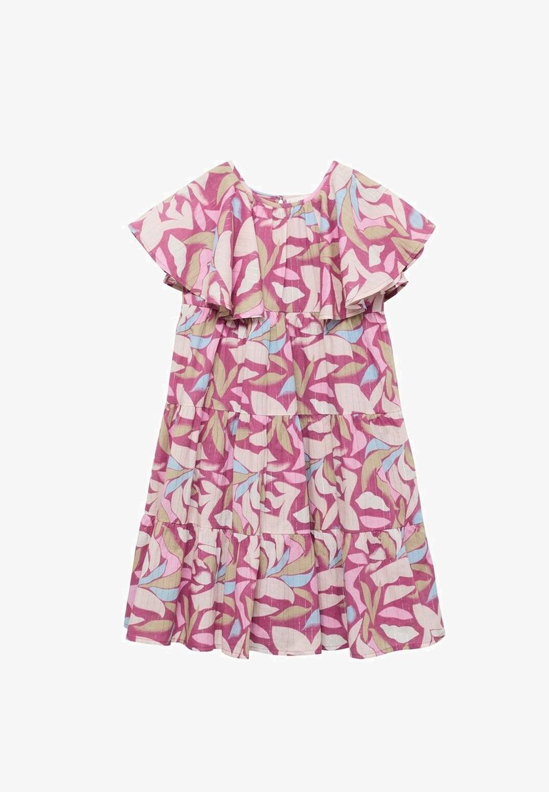 Roza cvetna obleka z nabranimi rokavi, večplastno zasnovo in mešanico svetlo modrih, zelenih in belih vzorcev listov na strukturiranem blagu.