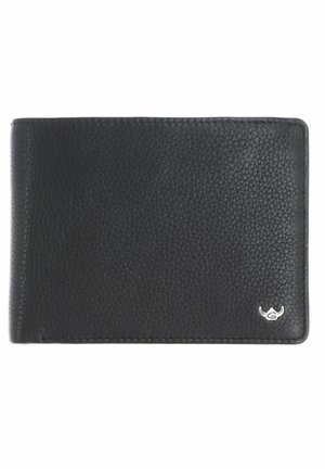 Black textured leather wallet with a small silver logo in the bottom right corner, shown closed on a white background.