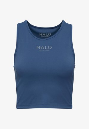 Blauer, kurzer Tanktop aus glattem, dehnbarem Stoff. Mit einem runden Ausschnitt und einem in einer helleren Farbnuance auf der Vorderseite aufgedruckten Logo.