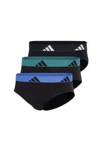 Trzy pary czarnych męskich majtek z elastycznymi pasami w talii w kolorach morskim, niebieskim i czarnym, z logo Adidas na każdym pasie.