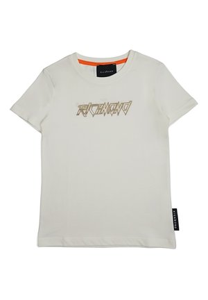 T-shirt bianca a maniche corte con scritta stilizzata "RICHMOND" ricamata in oro sul petto e una piccola etichetta nera del marchio sul lato.