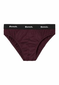 Bordeauxfarbene Herrenunterhose aus weichem Stoff, mit einem schwarzen elastischen Bund und dem weißen "Bench."-Logo. Einfaches, tailliertes Design ohne Muster.