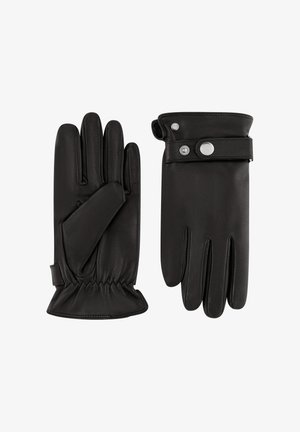 Schwarze Lederhandschuhe mit figurbetontem Design, glatter Textur und sechs Fingerfächern. Verfügen über einen Druckknopfverschluss und ein gerafftes Handgelenkdetail.