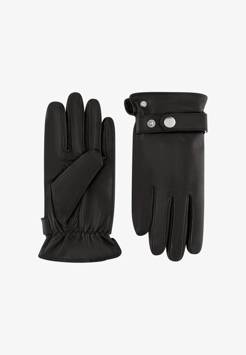 Schwarze Lederhandschuhe mit figurbetontem Design, glatter Textur und sechs Fingerfächern. Verfügen über einen Druckknopfverschluss und ein gerafftes Handgelenkdetail.