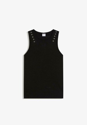 Schwarzes, geripptes ärmelloses Tanktop mit rundem Ausschnitt und silbernen Ösen-Details nahe den Schultern.