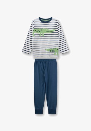 Zweiteiliges Kinderpyjama-Set mit marineblau gestreiftem Langarmshirt mit grünen Krokodilmotiven und einfarbigen, marineblauen Hosen.