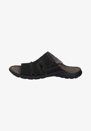 Black suede slide sandal with open toe design, dual straps, and perforations. Features a cushioned footbed and textured outsole.