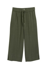 Kaki hlače culottes mekanog tekstura, s elastičnim remenom, vezicom za zatezanje te bočnim prorezima na rubu za dodatni stil i udobnost.