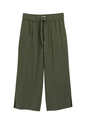 Kaki hlače culottes mekanog tekstura, s elastičnim remenom, vezicom za zatezanje te bočnim prorezima na rubu za dodatni stil i udobnost.