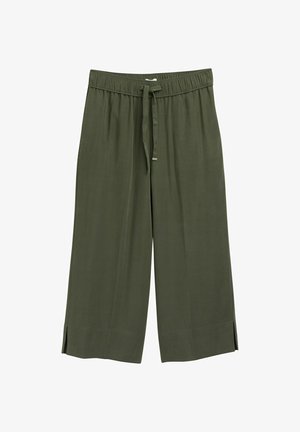 Pantalones culottes de color verde oliva con una textura suave, cinturilla elástica, cordón ajustable y aberturas en los laterales del dobladillo para mayor estilo y comodidad.
