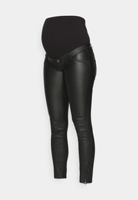 Pantalones vaqueros ajustados de maternidad de piel sintética negra con una cintura elástica alta, que cuentan con dobladillos con cremallera y un diseño ajustado.