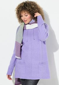 Maglione lilla con due tasche anteriori, maniche lunghe e coulisse regolabile. Avvolto in una sciarpa a strisce multicolori. Materiale morbido.