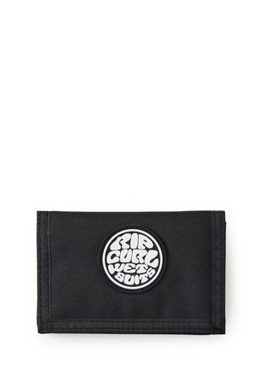 Czarny materiałowy portfel Rip Curl z białym okrągłym logo z napisem "Rip Curl Wetsuits" umieszczonym na środku z przodu.