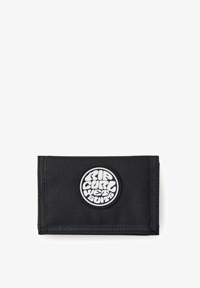 Cartera de tela negra de Rip Curl con un logotipo circular blanco que dice "Rip Curl Wetsuits" centrado en el frente.