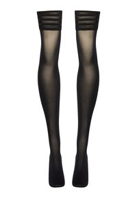 Svarta strumpor upp till låren med en slät, genomskinlig finish och en kontrasterande texturerad kant högst upp med horisontella ränder.