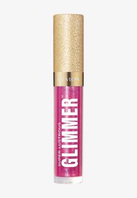 Lip gloss Revlon Super Lustrous Glimmer in un tubo trasparente riempito con un prodotto rosa brillante, con un tappo finito in glitter dorato.