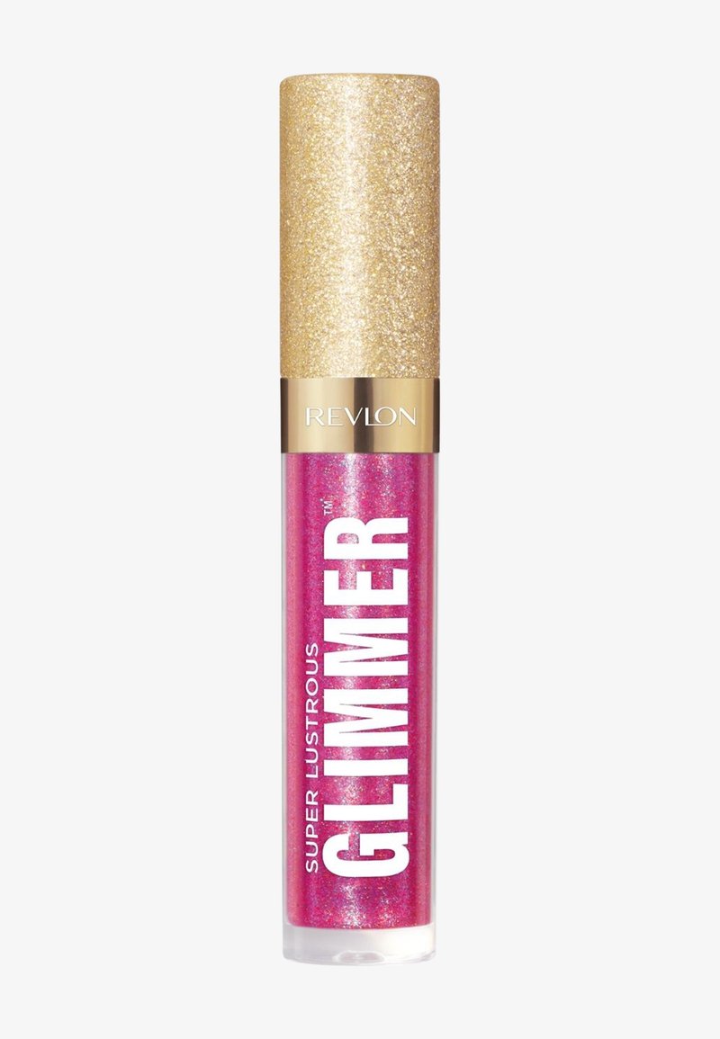 Lip gloss Revlon Super Lustrous Glimmer in un tubo trasparente riempito con un prodotto rosa brillante, con un tappo finito in glitter dorato.