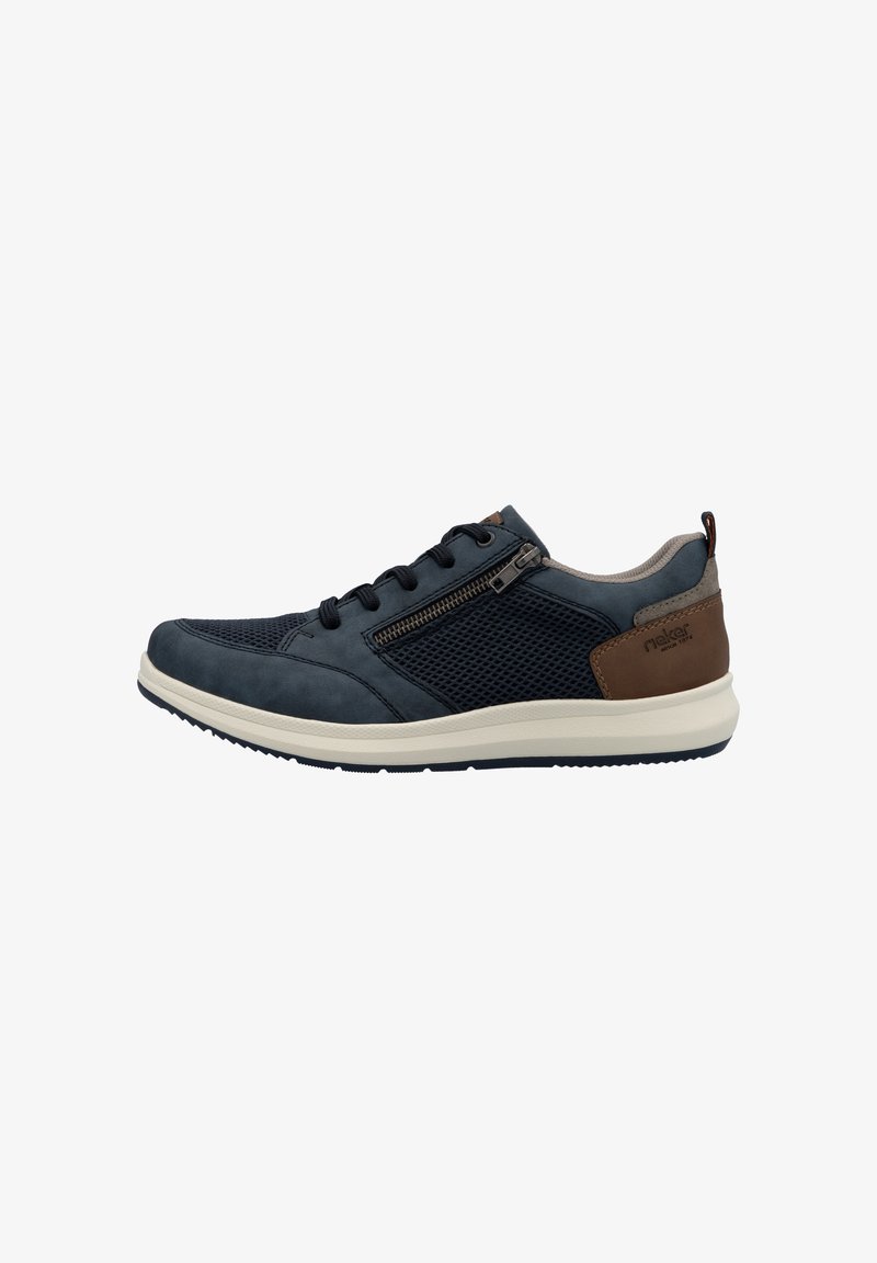 Navy blue sneakers with mesh and suede leather panels, light gray accents, a side zipper, and a white rubber sole. Textured design.
