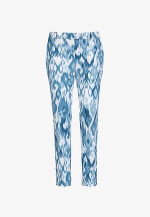 Mėlyni ir balti kelnės su ikat raštu, tiesios formos ir elastingu juosmeniu. Pagamintos iš lengvos medžiagos su lygiu paviršiumi.