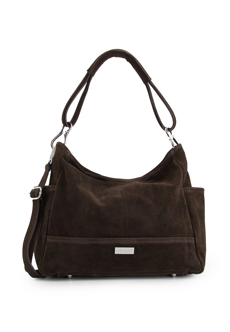 Brown suede handbag with a soft texture, featuring a wide opening, a detachable shoulder strap, silver hardware, and a subtle logo on the front.