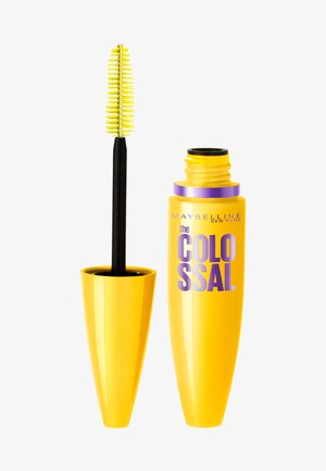 Bright yellow Maybelline Colossal mascara tube with purple text and a black-handled yellow-bristled brush applicator.