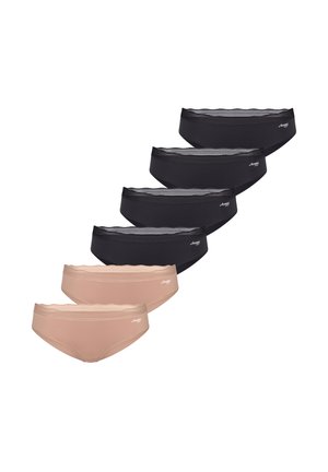 Syv dameunderbukser, to beige og fem sorte, arrangeret i en udbredt layout på en hvid baggrund.