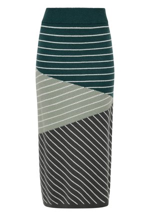 Gebreide kokerrok met een kleurblokontwerp in teal, lichtgroen en donkergrijs; heeft horizontale strepen en een geribde tailleband.