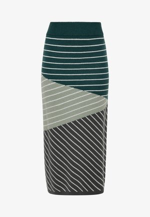 Gebreide kokerrok met een kleurblokontwerp in teal, lichtgroen en donkergrijs; heeft horizontale strepen en een geribde tailleband.